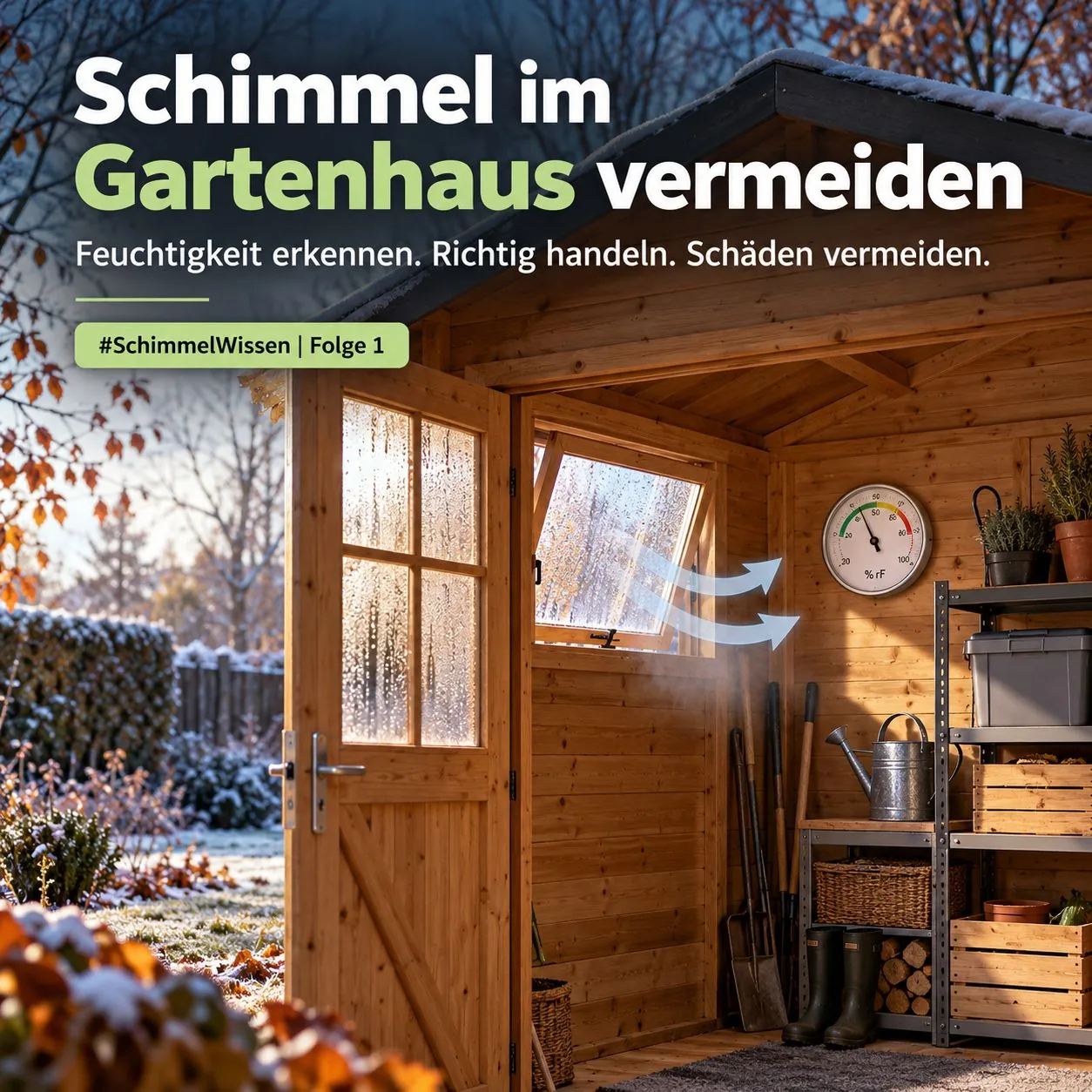 Gartenhaus im Herbst mit beschlagenen Fenstern, Hygrometer und gekipptem Fenster zum Lüften