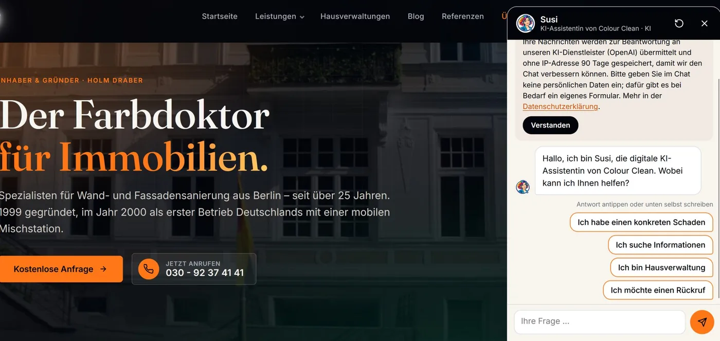 Geöffnetes Chatfenster von Susi auf der Startseite von colourclean.de