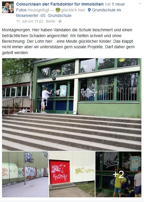 Von Vandalen beschmierte und wieder gereinigte Schule im Moselviertel
