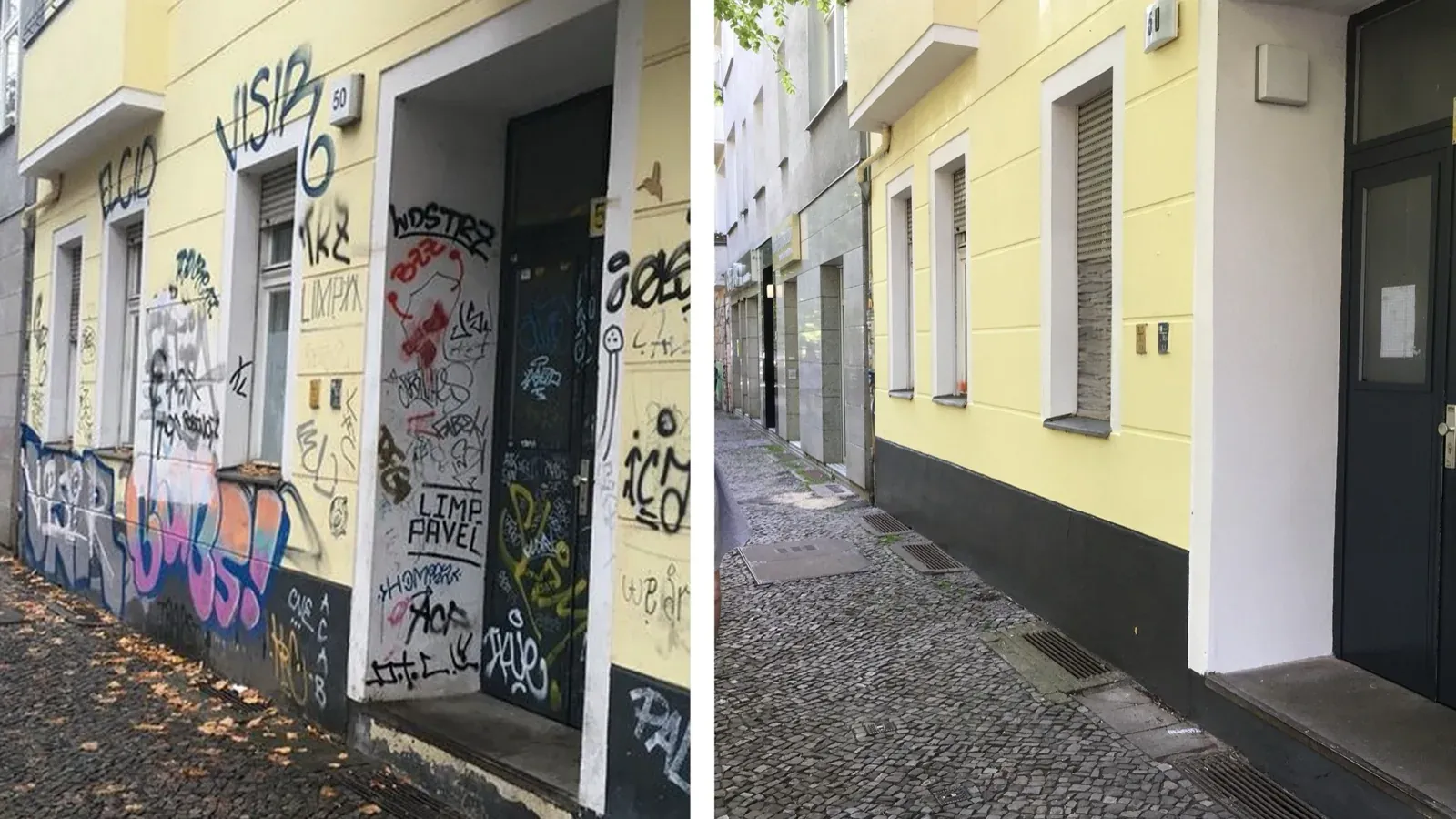 Hauseingang mit Graffiti-Tags vorher und gereinigt nachher