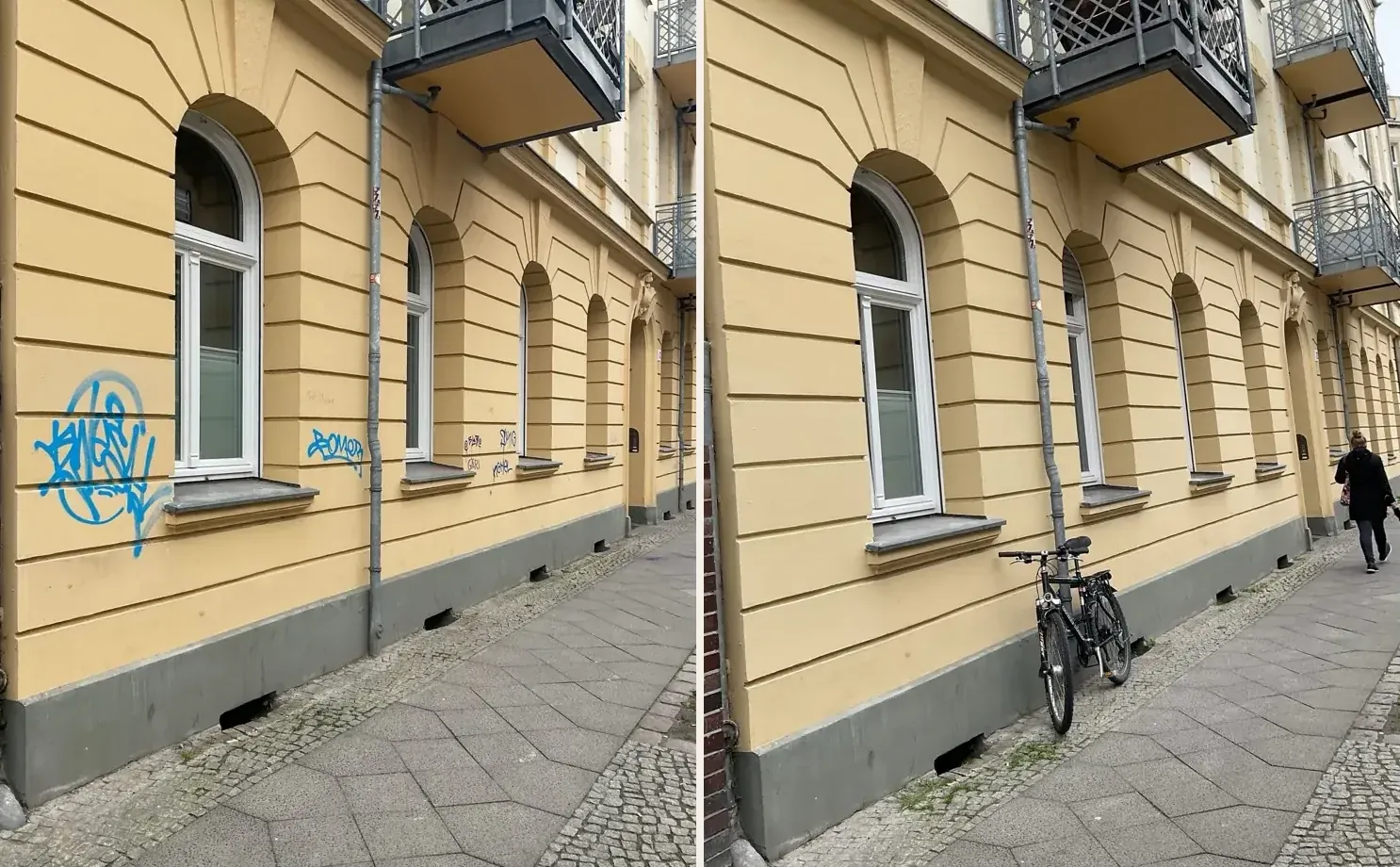 Gelbe Altbaufassade mit Tags vorher und partiell im Originalton ausgebessert nachher